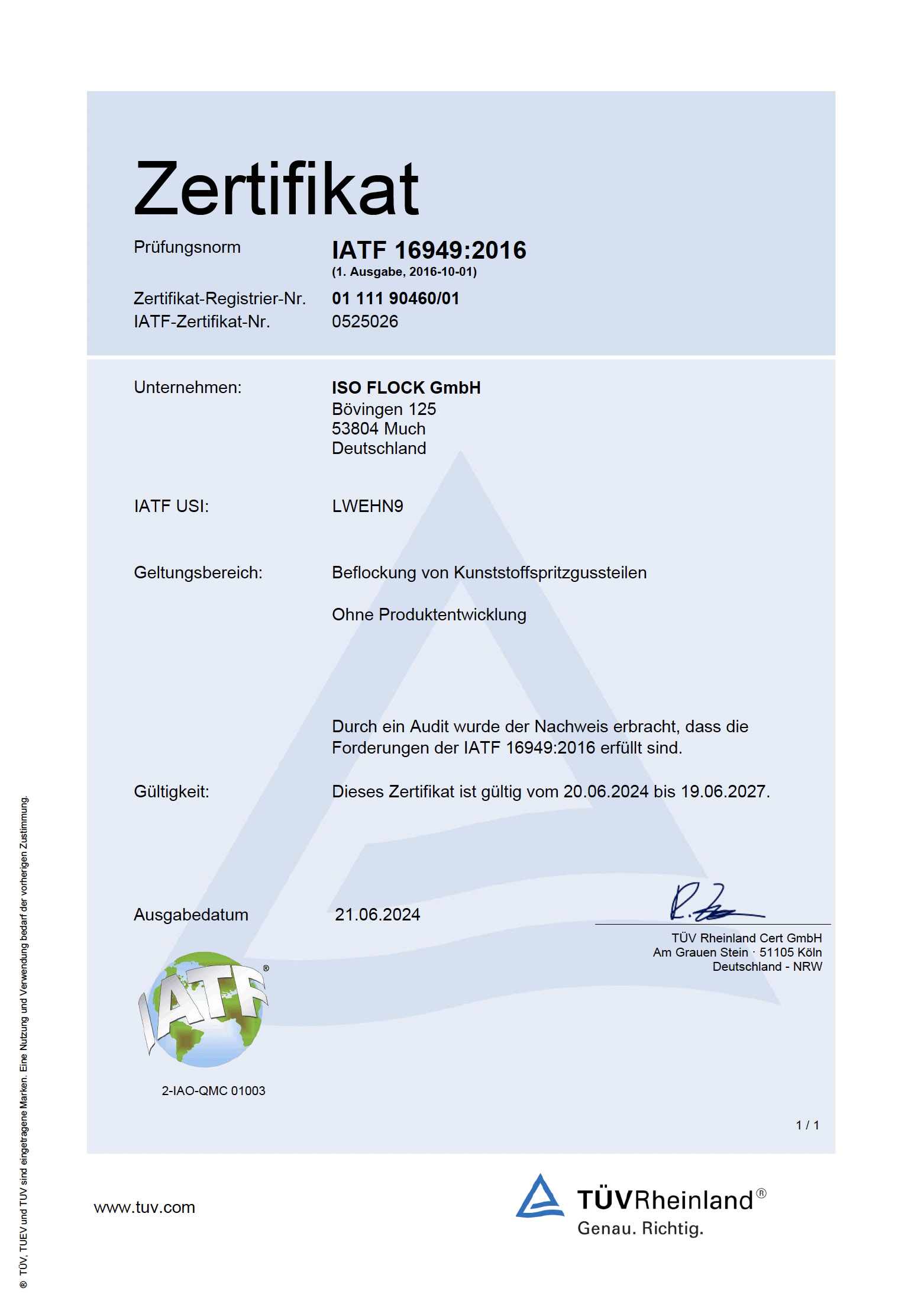 Zertifikat für ISO Flock GmbH: Much