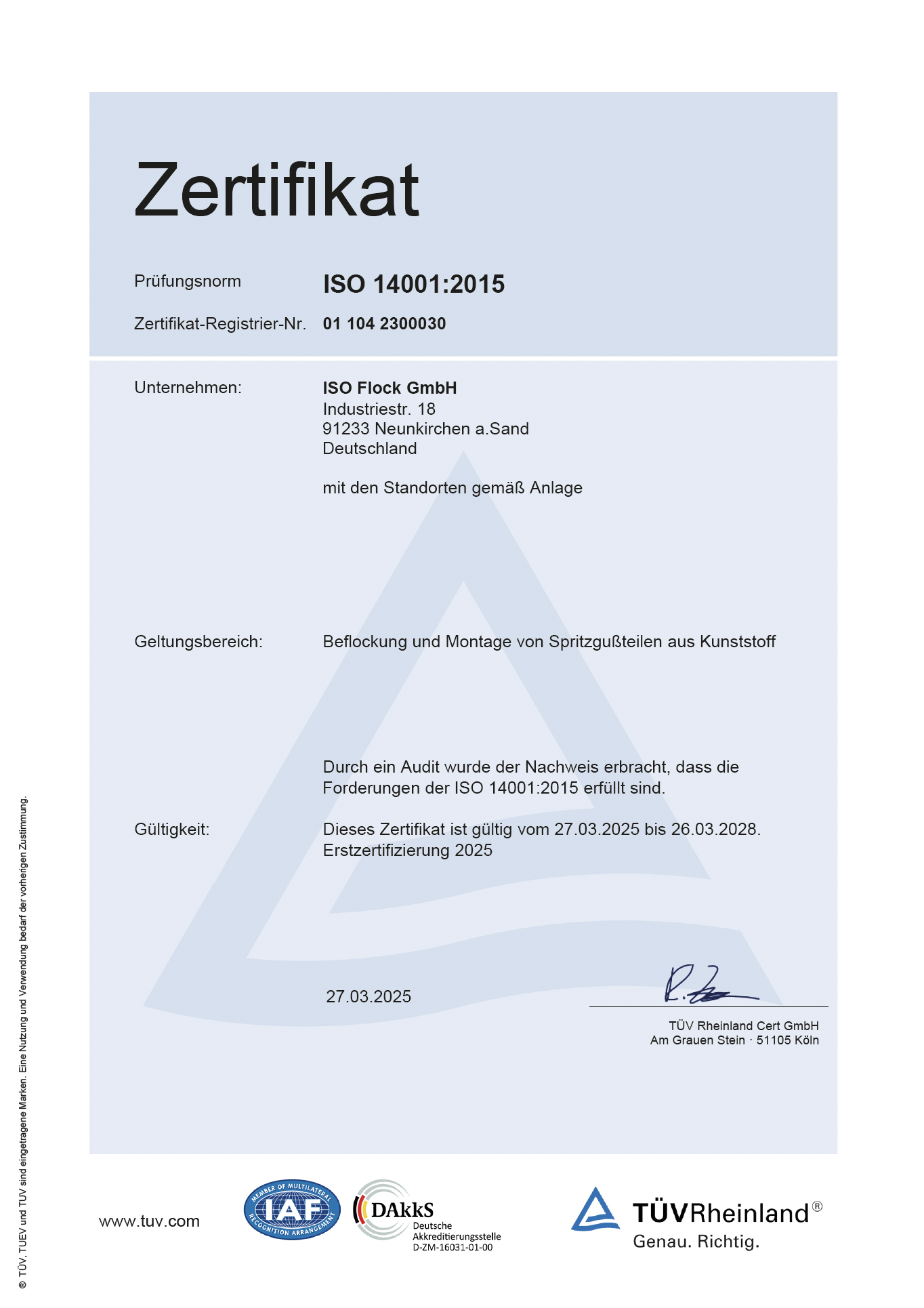 Zertifikat für ISO Flock GmbH: Much
